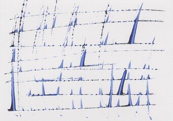 Hand-drawn creative acrylic painting background with lines and lace in ultramarine blue