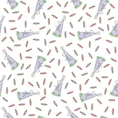 Vector seamless pattern hand drawn doodle sketch rabbit and candy isolated on white background. Illustration in trendy single continuous line style