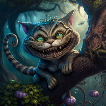 Cheshire Cat From Alice In Wonderland Perched On The Branch of a Tree