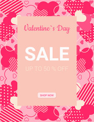 Valentines Day sale white and pink lettering and pink hearts banner. Valentines Day sale banner template with typography text special offer valentine`s day and hearts on pink background. 