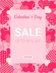 Valentines Day  sale white and pink lettering and pink hearts banner. Valentines Day sale banner template with typography text special offer valentine`s day and hearts on pink background. 