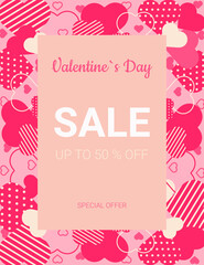 Valentines Day  sale white and pink lettering and pink hearts banner. Valentines Day sale banner template with typography text special offer valentine`s day and hearts on pink background. 