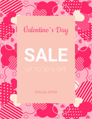 Valentines Day sale white and pink lettering and pink hearts banner. Valentines Day sale banner template with typography text special offer valentine`s day and hearts on pink background. 