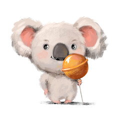 Cute adorable koala animal cheerful hand drawn print poster with a lollipop isolated on white background. © Alina Nikitaeva