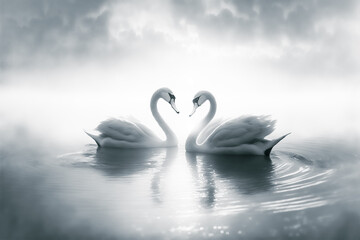 romantic image of two swans on the lake at sunset. Generative AI