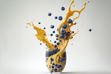 blueberries falling with a swirly splash of thick grainy juice into a glass filled with beige and yellow organic juice, before a bright white background in photorealistic style, hyperrealism