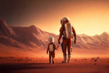 Father and son on planet Mars - Generative AI - obrazy, fototapety, plakaty