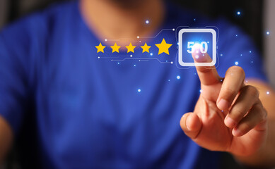 Customer Experience Concept man hand showing on five star excellent rating on background