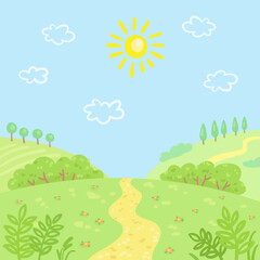 Summer landscape with sky, sun, green hills, road, trees, bushes, grass and flowers. In cartoon style. Countryside background. Vector flat illustration.