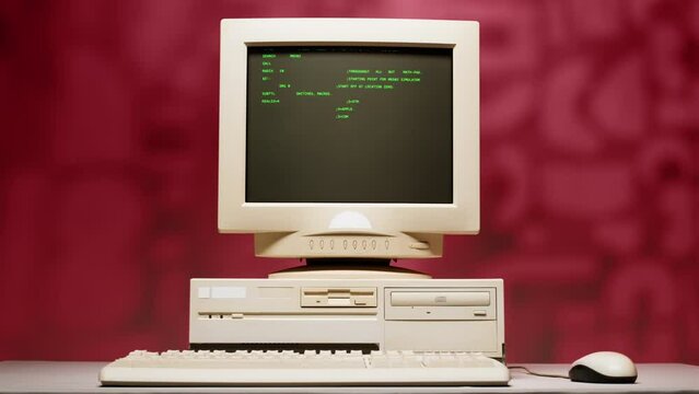 Retro pc with loading code console, programmer making scripts, green basic screen, Old computer studio close-up, Desktop vintage retro wave display, late 90s PC.