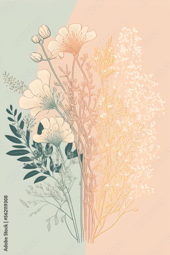 Wall mural pastel duotone wildflower bouquet, in the style of minimalist line work