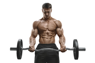 Strong man. Bodybuilder pumping up biceps working out barbell. Transparent PNG barbell workout...