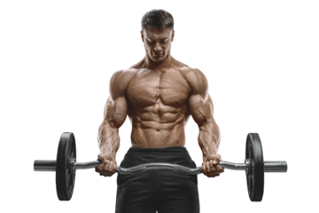 Strong man. Bodybuilder pumping up biceps working out barbell. Transparent PNG barbell workout muscles body training weightlifting
