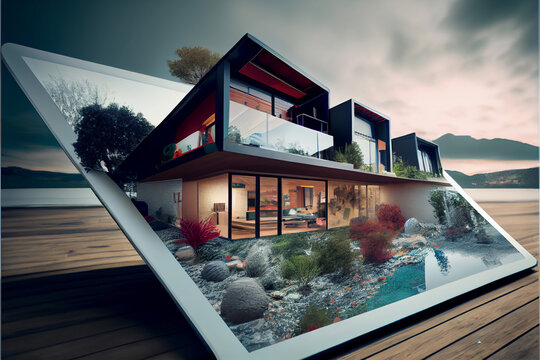 Hands holding tablet showing modern home, total blank project background, augmented reality concept, application to simulate exterior design products, 3d illustration