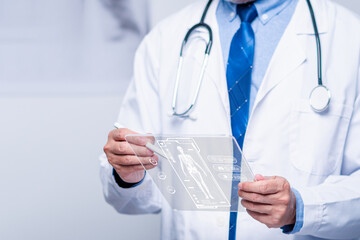 doctor man hold ai virtual screen lung for checking lung disease in laboratory of hospital. virtual x-ray lung shows respiratory disease. physician do diagnostic infection of lung with open Ai chatGPT