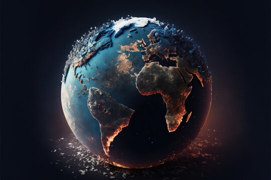 Digital dystopian globe, future, viewed from space, in the solar system, in the stars, view of the earth, our planet, ai, cyber, eco, climate, war created with generative ai technology