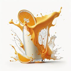 orange juice and milk splashing into a glass full of thick organic milk juice,  white background in photorealistic