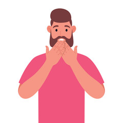 Bearded man in pink t-shirt shocked covering mouth with hand for mistake. Expression of fear, scared in silence, secret concept. Vector illustration.