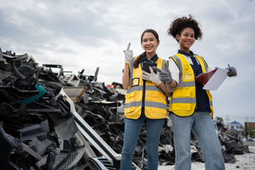 Mechanical woman owner small business inspecting standing in the car junkyard, Dirty male repairman choosing spare parts on car junkyard, Used of vehicle part for recycling in the scrap yard garage.