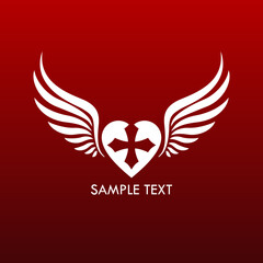 white winged heart with cross on red background / vector illustration