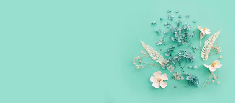 Top view image of white and blue dry flowers over mint background .Flat lay