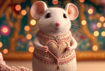 Curte mouse holding a pink heart. Valentin´s card full of love for children. Generative AI. 