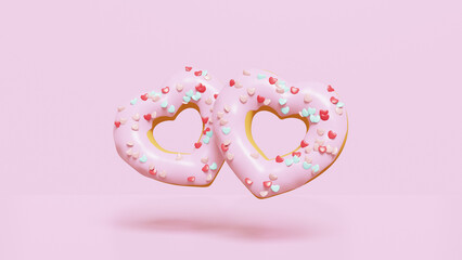 Happy Valentines day. Sweet heart donut on pink background. 3D render