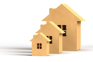 3d illustration. Three houses made of different sizes on a white background. 