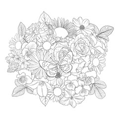 vector drawing natural background with butterfly and flowers, black and white coloring page, hand drawn illustration