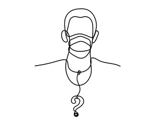 Abstract man face with mask and globe with question mark as line drawing on white background. Vector