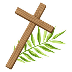 Christian illustration of wooden cross and palm branch. Happy Easter image.