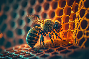 Fototapeta a close up of a bee on a honeycomb, generative AI obraz