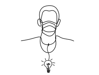 Abstract man face with mask and globe with globe light bulb as line drawing on white background. Vector