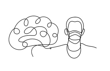 Abstract man face with mask and globe with brain as line drawing on white background. Vector