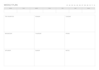 A weekly plan design template in a modern, simple, and minimalist style. Note, scheduler, diary, calendar, planner document template illustration.