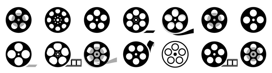 Film reel icon set. Black movie reel icon in vintage style. Old retro reel with film strip collection. Vector illustration - obrazy, fototapety, plakaty