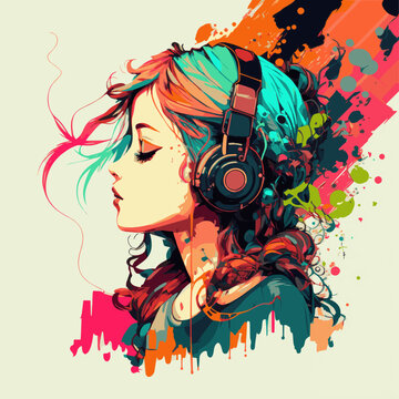 Girl with headphones. Colorful splashes and strokes. Side view. For posters, notebooks, t-shirts, clothing, mugs, prints.