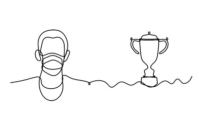 Abstract man face with mask and globe with trophy as line drawing on white background. Vector