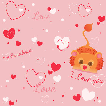 Happy Valentine's Day Pattern, Love Pattern, Romantic Pattern, Cute Cartoon Lion Around The Red And White Hearts On The Pink Background. I Love You, My Sweetheart. Vector Illustration 