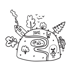 Doodle landscape with house, girl, lake, car. Island town sketch isolated on white background.