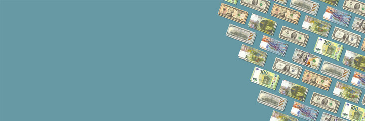 Illustration. Wide banner with empty space left and right different banknotes of the world with shadows. US, EU and Swiss bills. Dollars, francs and euro.