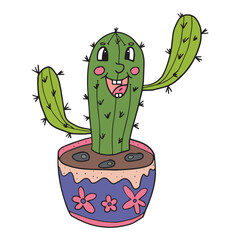 Cute doodle happy cactus in the pot isolated on white background. Groovy cactus. Sketch of potted house plant.