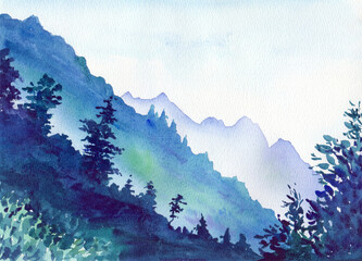 Watercolor drawing. Blue mountains and vegetation silhouettes in the foreground.