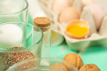Ingredients for making oatmeal cookies on the table. Homemade oatmeal cookies