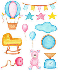Baby's posters, height, weight, date of birth with stork carrying a cute baby in a bag in pink sky background. Newborn announcement cards, birthday party, poster
