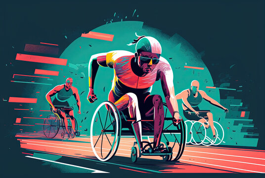 Illustration Of Disabled Motivated Athletes In Wheelchair Sports On An Outdoor Running Track. Disabled Integration Concept. Copy Space. Generative AI.