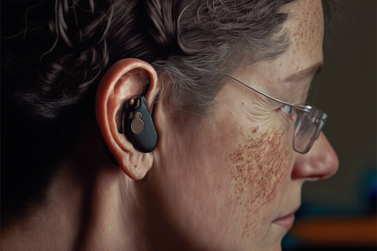 Close up of woman with cochlear implant. Disabled concept. Generative AI