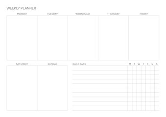 A weekly plan design template in a modern, simple, and minimalist style. Note, scheduler, diary, calendar, planner document template illustration.