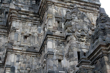 Fototapeta na wymiar Detailed wall of Candi Prambanan in Indonesia taken in July 2023.