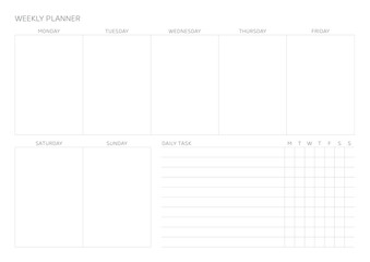 A weekly plan design template in a modern, simple, and minimalist style. Note, scheduler, diary, calendar, planner document template illustration.